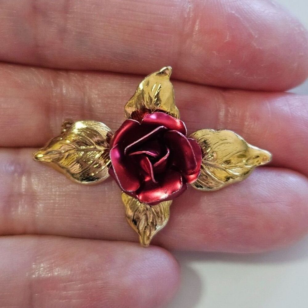 Vintage small red rose brooch gold tone